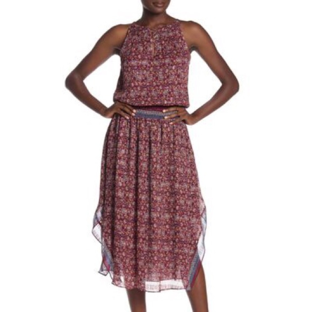 Ramy Brook maren silk print smocked midi floral XS burgundy